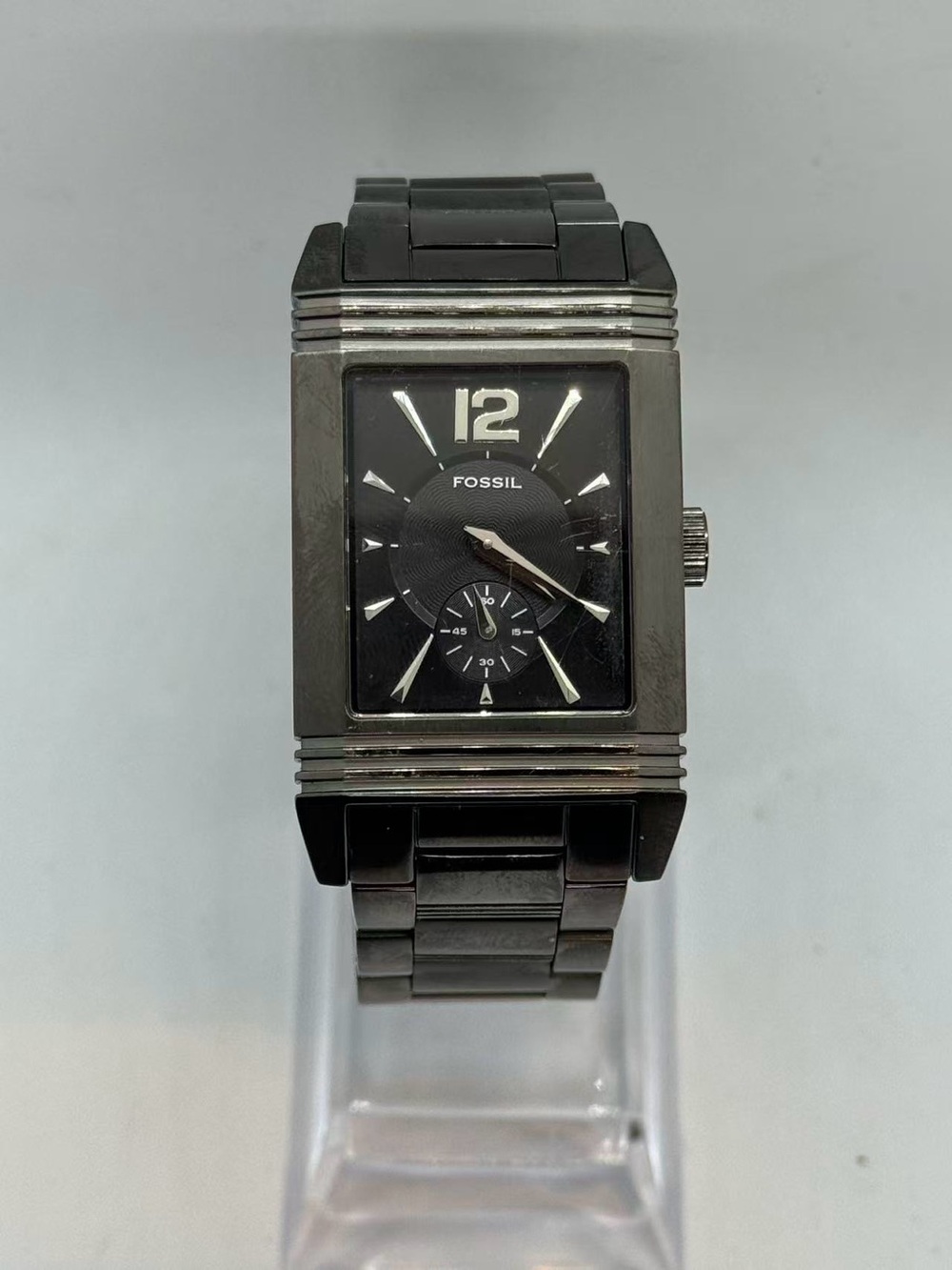 Vintage Fossil Men’s Quartz Rectangular Watch 29mm Black Dial New Battery Runs